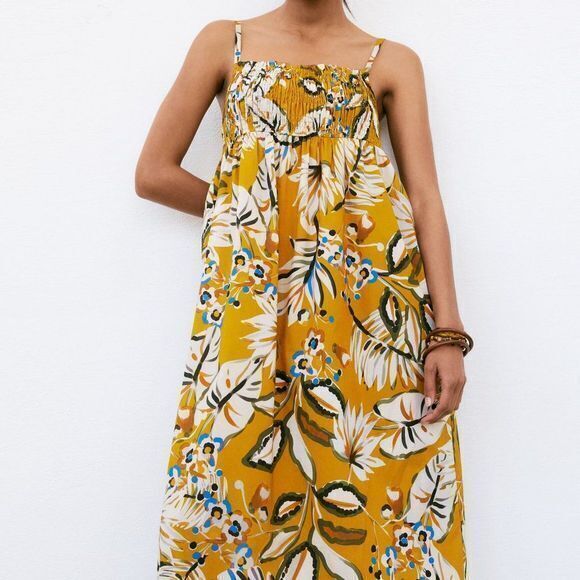 NEW ZARA PRINT DRESS MUSTARD MIDI WOMENS SIZE S Smocked Elastic - Picture 3 of 3